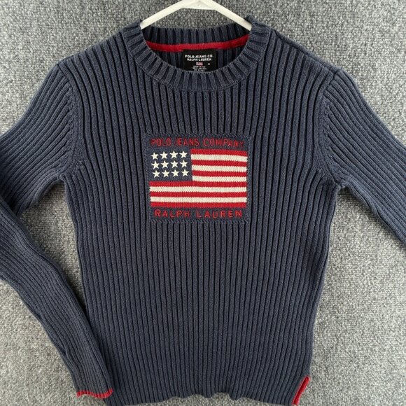 Ralph Lauren Polo Jeans Knit Women Flag Sweater Medium Ribbed Blue USA Cotton - Picture 1 of 16